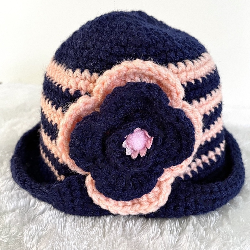 NEW Handcrafted Navy Blue & Coral Pink Crochet Hat w Large Crochet Flower OS